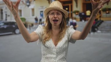 Bina girişinin önündeki işlek bir sokakta el kaldıran ve el kol hareketi yapan kadın, hayal kırıklığı cazibesi.