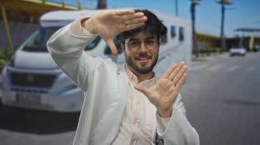 Sakallı, gözlüklü, beyaz ceketli, elleri dışarıda, araçların ve palmiye ağaçlarının bulanık arka planında gezen genç bir adam..