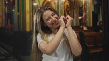 Kadın, tarihi kilisenin parlak iç mekanında elleri sıcacık gülümseyen yüzü ile kalp şekli oluşturur; dini bağlılık.