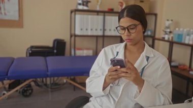 Steteskop ve beyaz önlük giyen kadın doktor, klinik binasında akıllı telefon ekranı dinledi; şefkat konsantrasyonu, kendini adama bakımı.