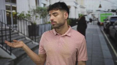 Beyaz binanın önündeki bir caddede, taş basamaklar ve yanımızdan geçen bulanık yayalarla avuç içi açık duran bir adam belirsizlikle karşı karşıya..