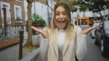 Kollarıyla gülümseyen bir kadın şehrin arka planında ağaçlar ve binalarla beyaz bluz ve bej yelek giymiş açık havada neşeli bir ifade sergiliyor..