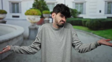 Şehir ortamında omuz silkme hareketi yapan bir adam şık bir binanın önünde duran, belirsiz ve sıradan bir tavır sergiliyor..