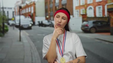 Şehir sokaklarında madalya ve saç bandıyla gezen kadın, arabalar ve binalarla çevrili, kentsel bir ortamda son zamanlarda kazanılan bir zafer ya da atletizm olayına işaret ediyor.