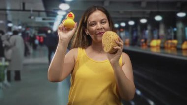 Havaalanı terminalinde lastik ördek ve doğal sünger tutan kadın, gülümseyen ve sağ elini kaldırarak oyuncakları göstermek için bagaj atlıkarıncanın yanında duruyor;.
