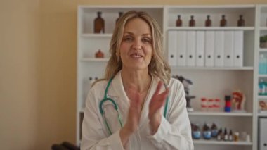 Klinikte steteskoplu dans eden kadın hastane odasında üniformalı genç sarışın bir doktor..