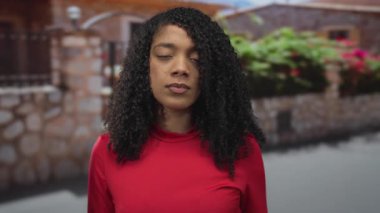 Kırmızı tişörtlü kadın, gün ışığında ciddi bakışlarla girişte selam veriyor; saygı..