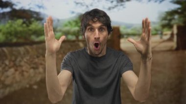 İnsan iki elini de başının yanına kaldırır ve yeşil parkta taş duvar bariyerinin yanında ağzını açar..