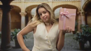 Krem rengi yelek giyen, elinde pembe hediye kutusu olan sarışın genç bir kadın. Avludaki kutuyu işaret ediyor. Onaylanmamış uyarı..