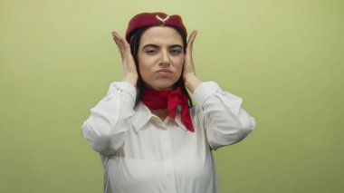 İspanyol uçuş görevlisi kadın üniformalı, şakacı bir şekilde kulaklarını sarı bir duvara dayayıp kırmızı atkı ve şapkayla komik bir jest yapıyor..