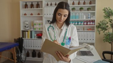 İspanyol üniformalı kadın doktor, arka planda steteskop ve tıbbi malzemelerle klinikteki belgeleri inceliyor..