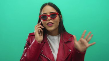 Kırmızı güneş gözlüğü takan ve ceket giyen bir kadın akıllı telefondan canlı yeşil arka plana karşı konuşarak modern iletişim titreşimlerini aktarıyor..