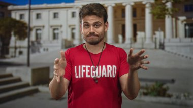 Kırmızı tişörtlü ve üzerinde düdük ve cankurtaran izi olan bir cankurtaran, avuçlarını ileri uzatarak açık meydanda binanın girişine uzanan bir adam; güvence görevi.