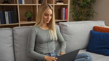 Modern dairede dizüstü bilgisayarda yazan kadın yastıklı ve arkasında ahşap kitap rafı olan gri kanepe; konsantrasyon..