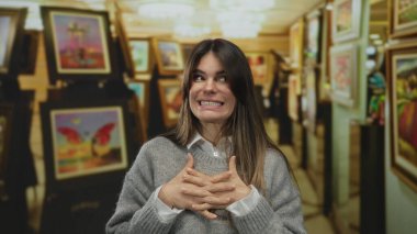 Gri kazaklı kadın galerinin içinde renkli sanat eserleri sergileniyor. Düşünceli ifadeler ve eller kaldırılarak belirsizliğini ifade ediyor..