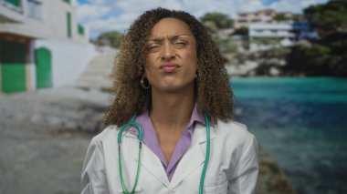 Beyaz önlüklü ve steteskoplu kadın doktor bina girişinde parmağıyla işaret ediyor..