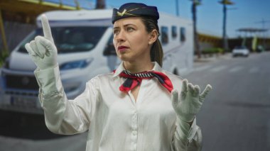 Beyaz eldivenli ve lacivert şapkalı bir kadın şehir caddesinde karavanın yanında işaret ediyor..