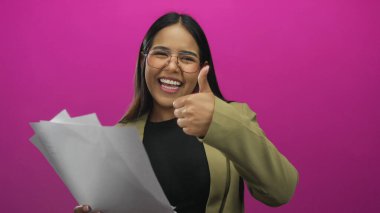 Spor ceketli genç bir kadın, elinde parlak pembe bir arkaplan, pozitiflik ve güven saçan kağıtlar tutarken elini kaldırıyor..