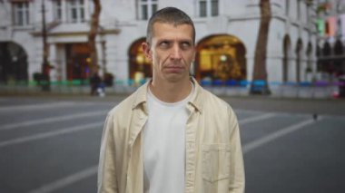 Kalabalık bir şehir caddesinde dikilen, sıradan bir gömlek giyen bulanık insanlar ve arka planda tarihi bir mimari olan bir adam, bir şehir günü sahnesini yakalıyor..