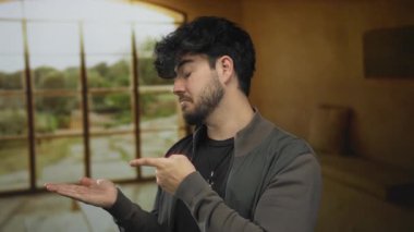 Salondaki sakallı genç adam avucunun içini işaret ederken geniş pencereden doğa görüşü ile düşünceli bir görünüm sergiliyor ve iç gözlemci bir atmosfer yaratıyor..