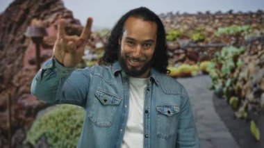 Kaya boynuzları yapar yeşil parkta taş bir yolda el hareketi leziz kot ceketli, eğlenceli ve kendine güvenen.