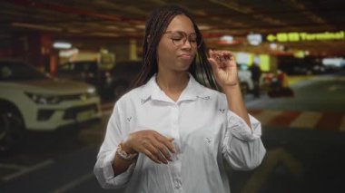 Genç Afrikalı Amerikalı kadın bir otoparkta başparmağıyla işaret parmağı arasında küçük bir yüzük tutuyor..