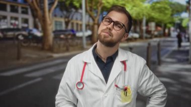 Steteskoplu adam doktor, eli kalçasında ve başı eğik, kalabalık bir şehirde beyaz önlük giyiyor; düşünceli bir görev..