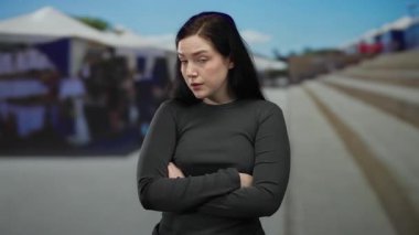 Sokakta kolları çapraz duran ve arka planda bulanık duran esmer saçlı, günlük kıyafetleri olan bir kadın..