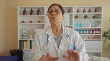 Gözlüklü ve steteskoplu kadın doktor avuçlarını kaldırıp sağlık binasında durması için işaret veriyor..