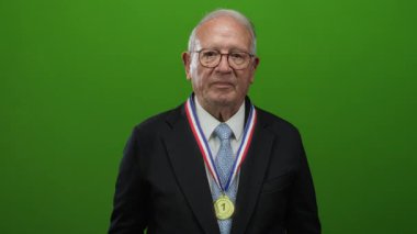 Takım elbiseli kıdemli işadamı, izole edilmiş yeşil bir arka plana karşı güvenle gülümsüyor ve gururla boynuna zafer madalyası takıyor..