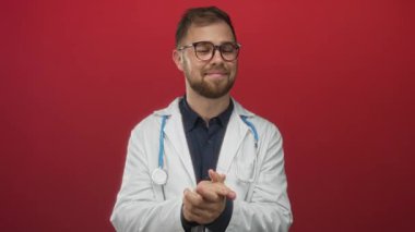 Steteskop ve gözlüklü beyaz önlüklü adam el çırpıyor ve kameraya bakan kırmızı stüdyoda gülümsüyor..