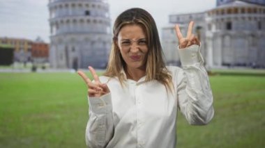 İki eliyle barış işareti yapan ve Pira Tower Plaza binasında beyaz gömlek giyen, neşeli seyahat hafızası olan bir kadın..