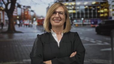 Siyah cüppeli hakim kadın gri bulutlu gökyüzünün altında, ıslak bir şehir caddesinde kollarını kavuşturmuş duruyor..