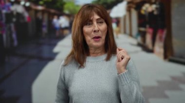 Hispanik son sınıf öğrencisi kadın canlı bir şehir pazarında arka planda bulanık müşterilerle dikilirken anlamlı hareketler yapıyor..