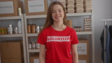 Bağış odasındaki bağış kutularının arasında kırmızı gönüllü gömlekli genç bir kadın onay desteğini destekleme pozitifliği.