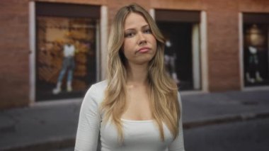 Uzun düz sarı saçlı, beyaz bluzlu, caddede parmakla gösteren bir kadın. Hayal kırıklığı uyarısı..