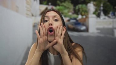 Genç, ağzı açık, elleri havada, bulanık duvarları ve saksı bitkileriyle parlak bir şehir caddesinde el sallayan İspanyol bir kadın..