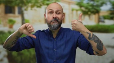 Dövmeli sakallı adam, şehir sokaklarının arka planında mavi gömlekli onaylanmış ve onaylanmamış jestler gösteriyor..