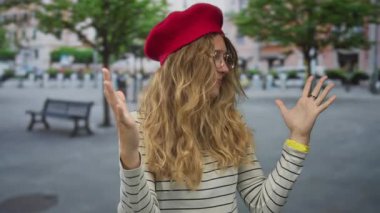 Meraklı kadın, canlı bir şehirde ellerini kaldırıyor. Sarışın genç gezgin, meydanda kırmızı bereli ve gözlüklü gezgin, açık hava manzarasının keyfini çıkarmak için duruyor..