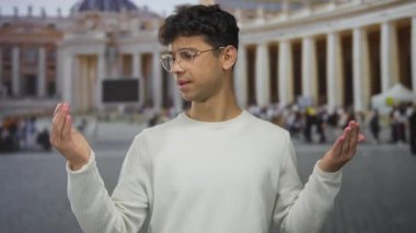 Avuç içli gözlüklü İspanyol genç adam dışarıda sütunlar inşa ederken yukarı doğru döndü; tefekkür.