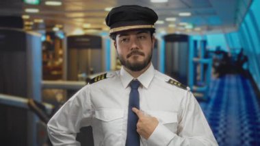 Geminin içinde kendine güveni tam bir kaptan üniforması içinde ciddi bir ifade ve iyi aydınlatılmış bir deniz ortamında işaret eden bir liderin varlığını sergiliyor..