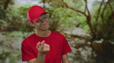 Kırmızı şapkalı ve tişörtlü adam ormanda el hareketleriyle işaret eder; davet dostça bağlantı.