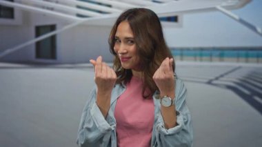 Şehir sokaklarında yaşayan genç İspanyol bir kadın, modern mimari ve güneş ışığıyla ayırt edilebilen açık hava kentsel ortamlarına güven ve cazibe saçarak para göstergesi olarak bir jest yapıyor..