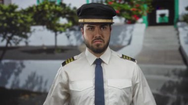 Üniformalı, sakallı genç bir adam güneşli bir günde açık havada dikiliyor. Ağaçların ve çiçeklerin önünde bir şapka takıyor..