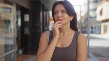 Kahverengi kolsuz tişörtlü kadın, gün ışığında şehir caddesinde kaldırımı işaret ediyor..