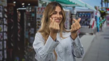 Sarışın kadın gülümsüyor ve hareketli market tezgahında kalp hareketi yapıyor; sevgi dolu neşe flörtü.