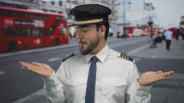 Londra caddesinde ikonik kırmızı otobüsleri olan üniformalı bir pilot, kalabalık bir şehir yolunda açık havada kafa karışıklığını ifade ediyor..
