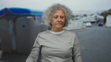 Gri saçlı kadın şehir atmosferinde düşünceli ve anlamlı görünen şehir caddesinde silah hareketi yapıyor..