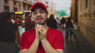 Bulanık yayaların ortasında kalabalık şehir caddesinde elleri bağlı kırmızı başlık ve gömlek giyen adam, umut verici bir beklenti içinde.