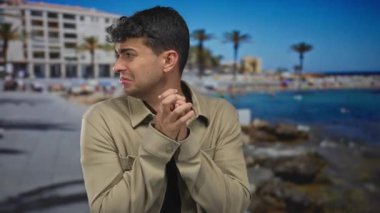 Erkek eli, kumsala tutunuyor genç İspanyol, endişeli bakışlar gerilimi ortaya çıkarıyor..